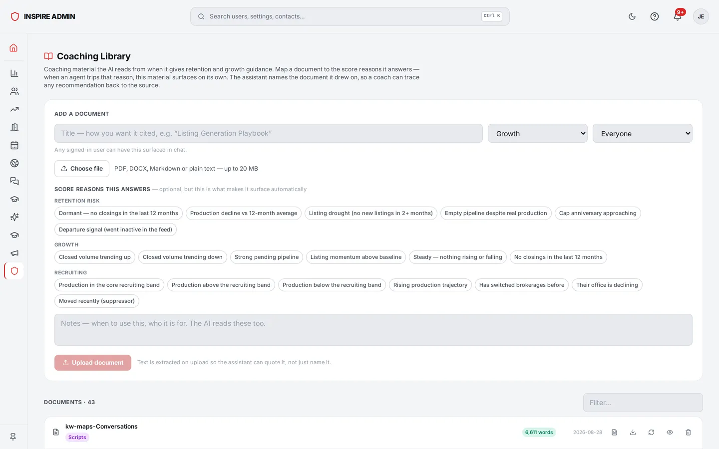 Coaching library — indexed content, recommended by need