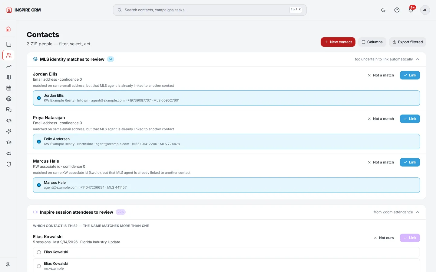 Contacts — filter, select, act