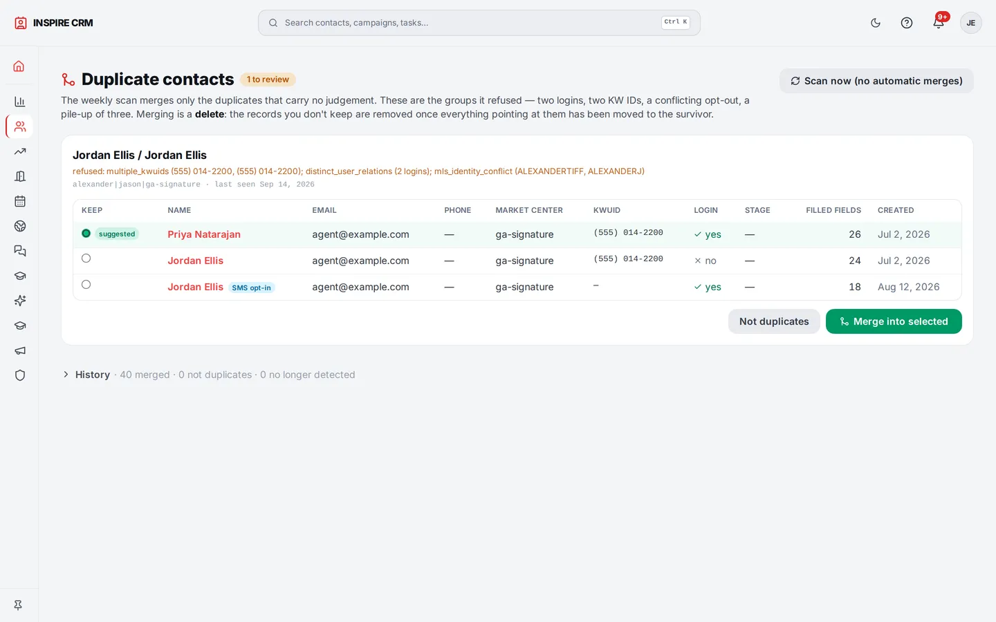 Duplicates review queue — a person decides