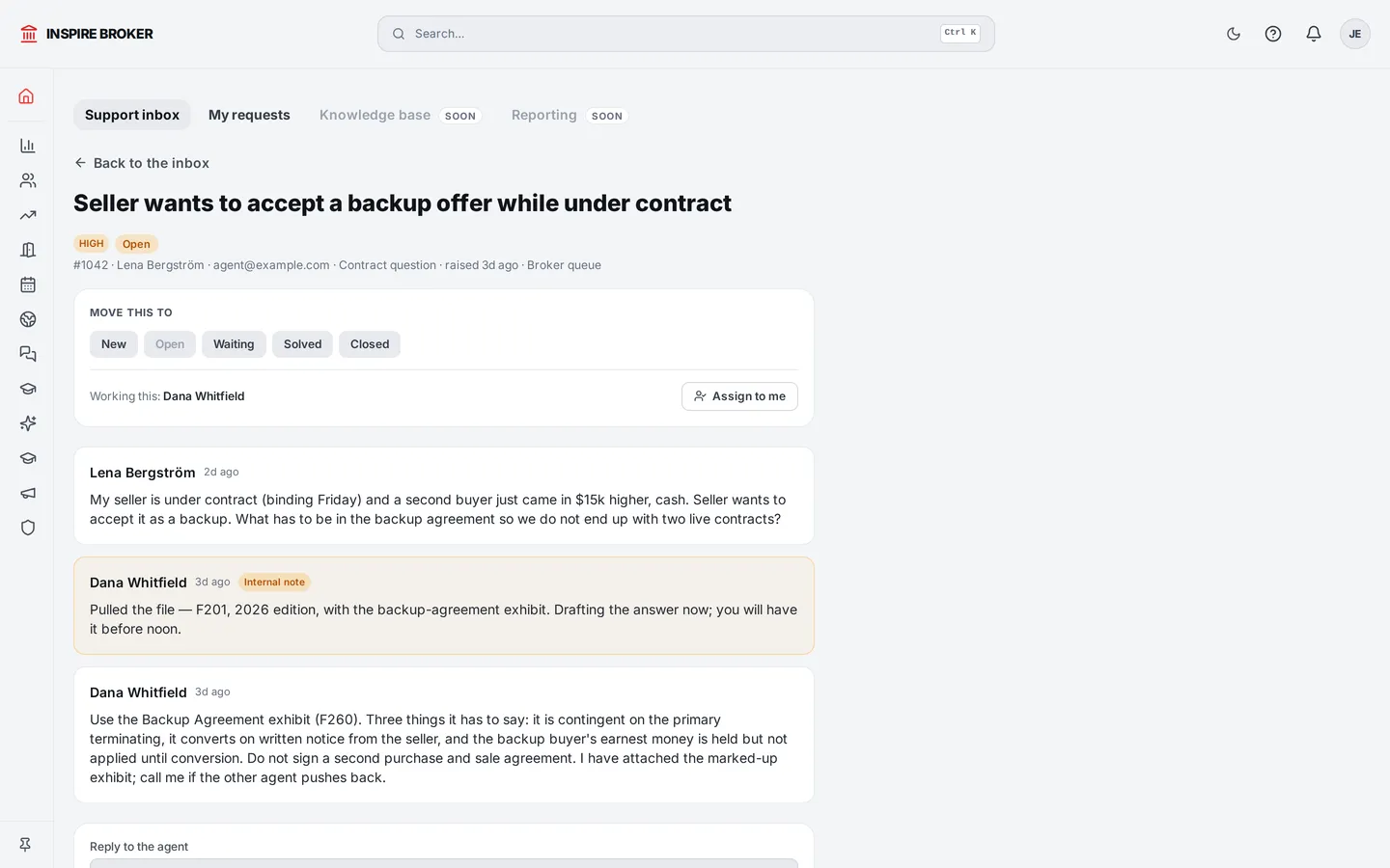 A request thread — the agent’s question, the broker’s internal note, the answer