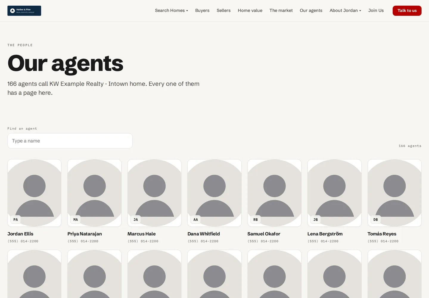 Our Agents — every agent on the roster, searchable by name