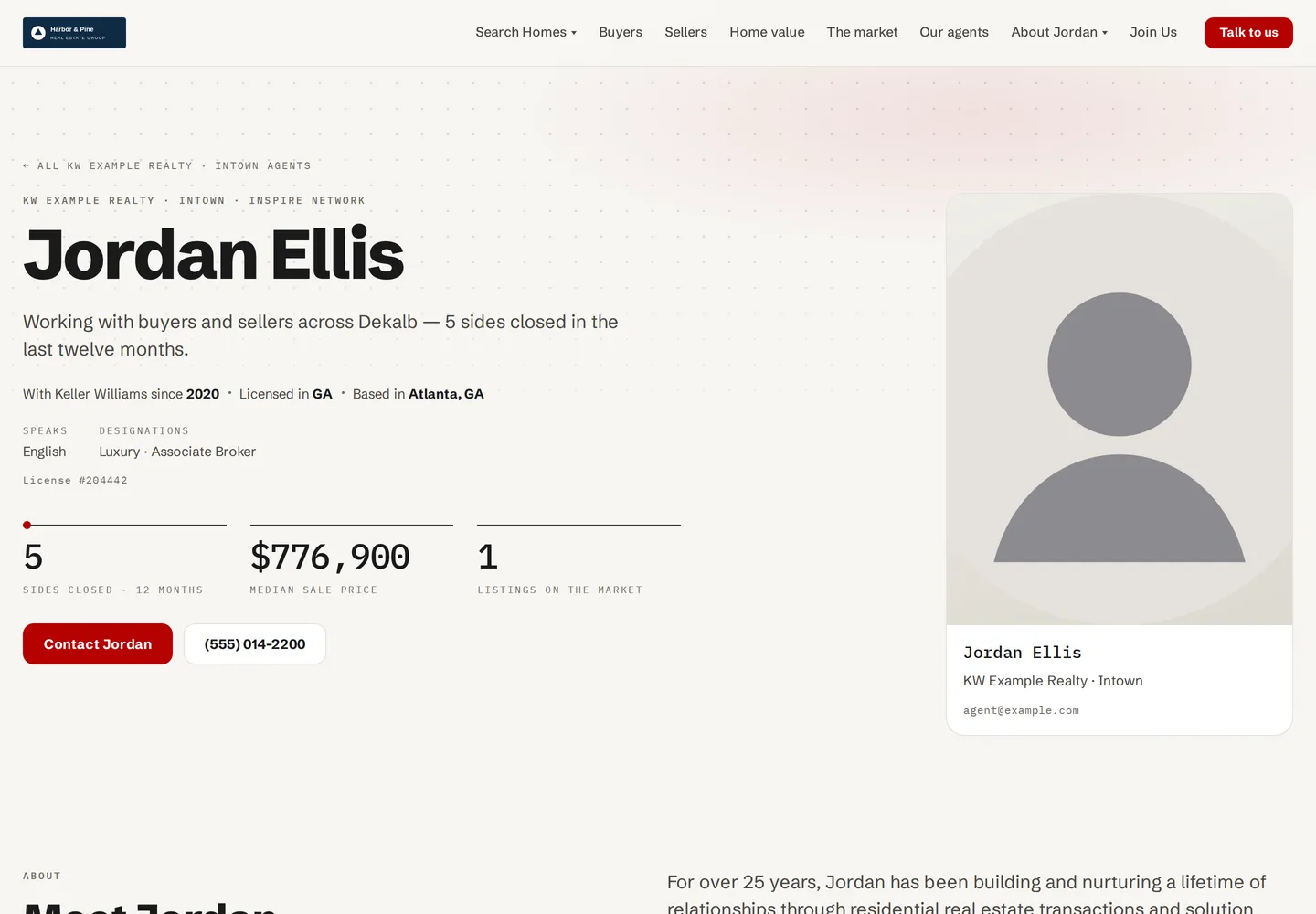 An agent’s page on the office site — production, target markets, reviews, bio — included
